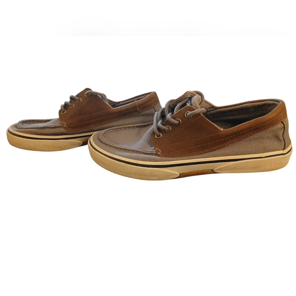 SPERRY Halyard Canvas Top Sider Boat Shoes. Mens. Size 9. Grey/chocolate.